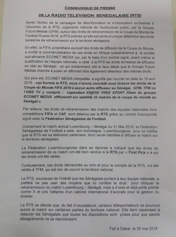 La RTS précise qu'elle est seule et unique détentrice des droits de retransmission terrestre du mondial au Sénégal