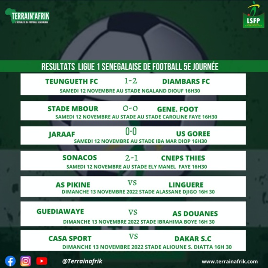 Ligue 1 (J5): Diambars fait plier TFC, Jaraaf et Gorée dos à dos