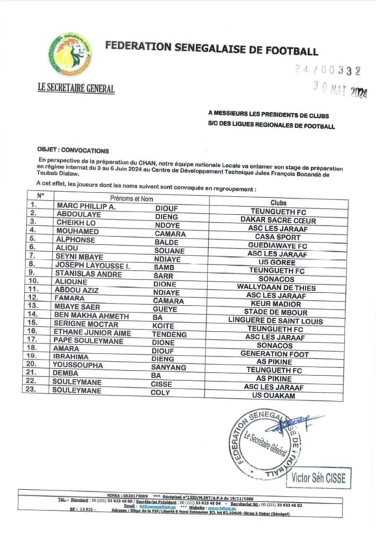 Chan 2024 : première liste de Souleymane Diallo, 23 joueurs convoqués