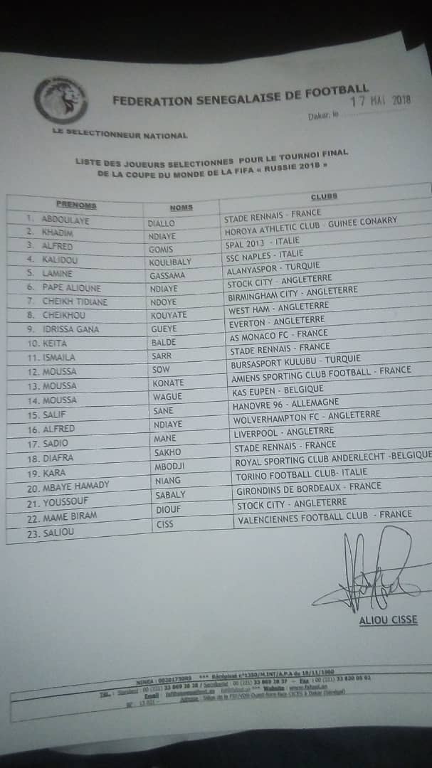 Liste des 23 sénégalais du mondial 2018 : Aliou Cissé opte pour la continuité