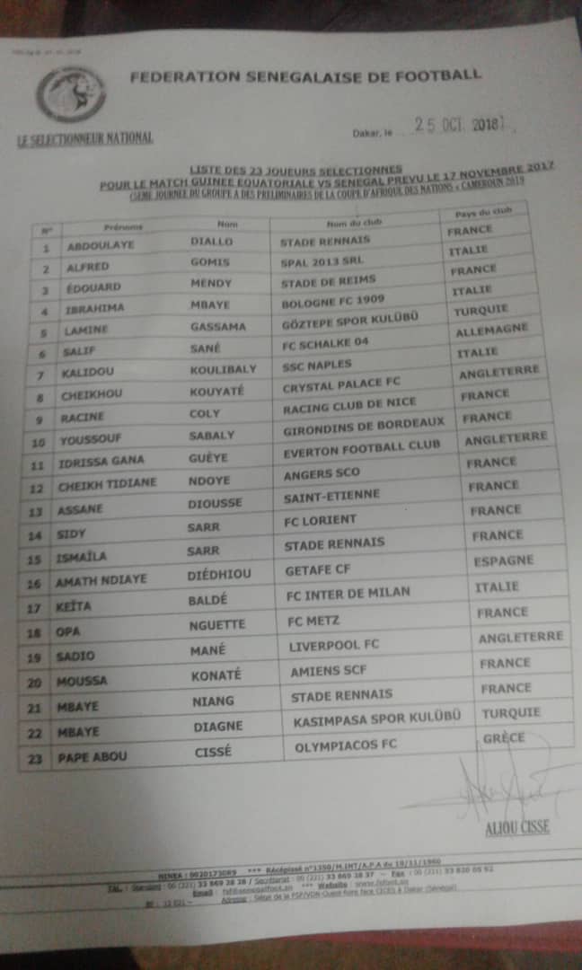 Voici la liste des 23 joueurs contre Guinée Equatoriale (17 novembre)