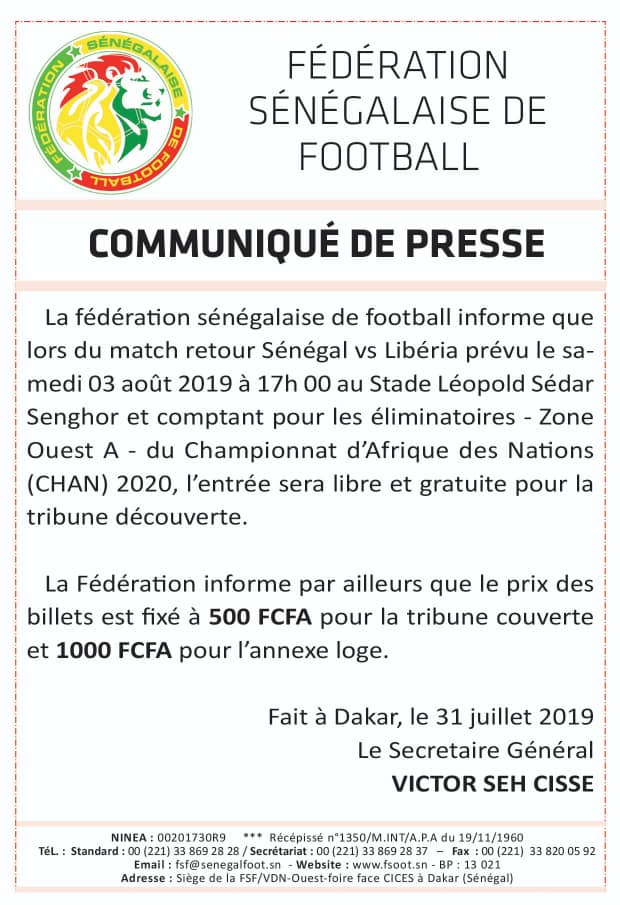 CHAN 2020/Sénégal-Libéria (LSS) retour : Entrée libre pour la tribune découverte