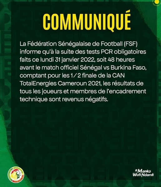 Can 2021/ Sénégal-Burkina Faso: Les Lions enregistrent zéro cas de covid19