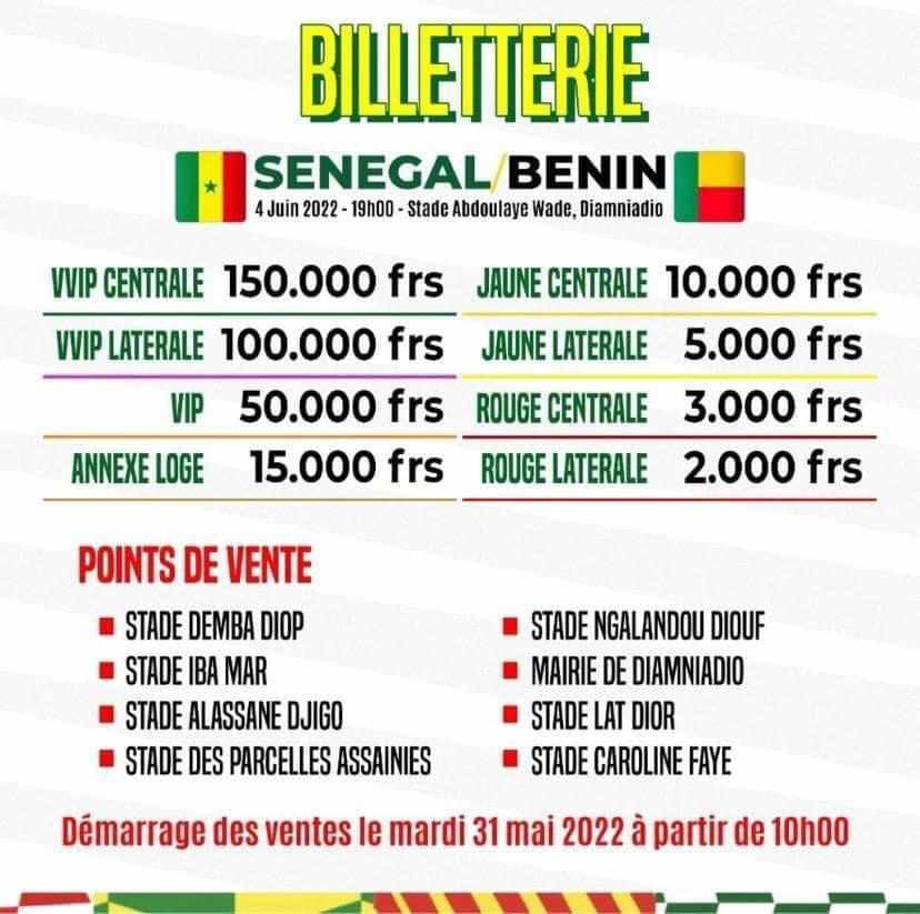 Match Sénégal vs Benin : entre 2.000 et 150.000 F pour assister à la rencontre