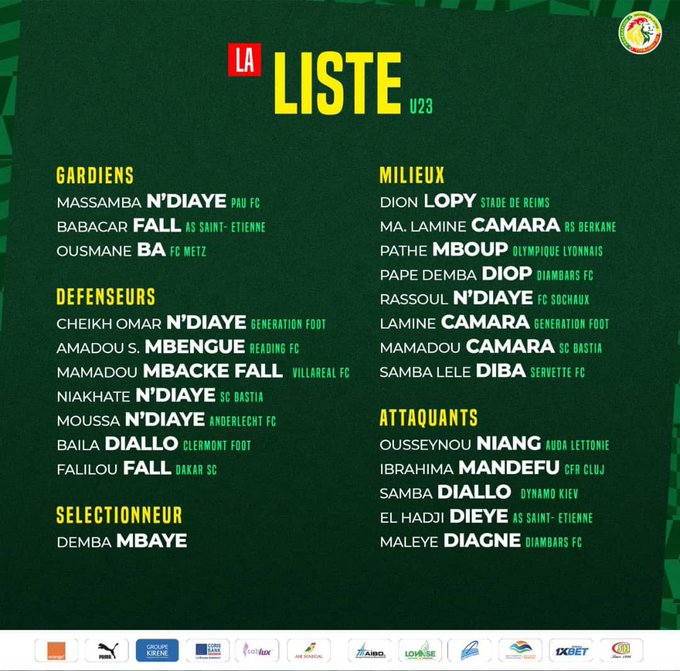 Equipe nationale U23: Demba Mbaye publie une liste de 25 joueurs